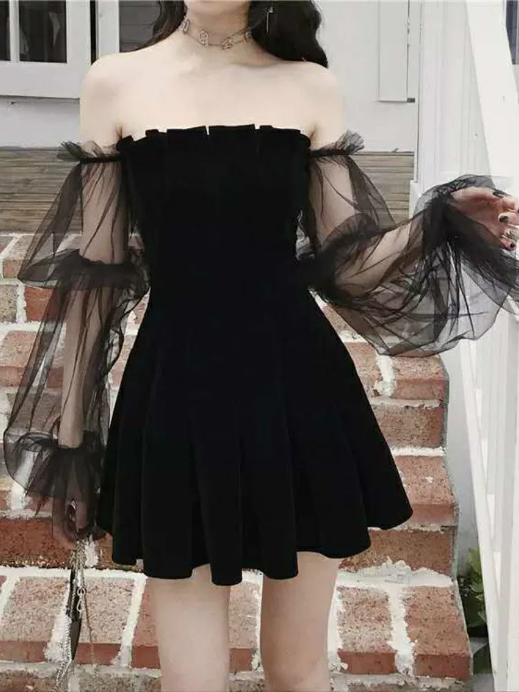 New 2026 Black Retro Dress Woman Lace Chiffon Mini Female High Street Sexy Korean Fashion Women Club Dress