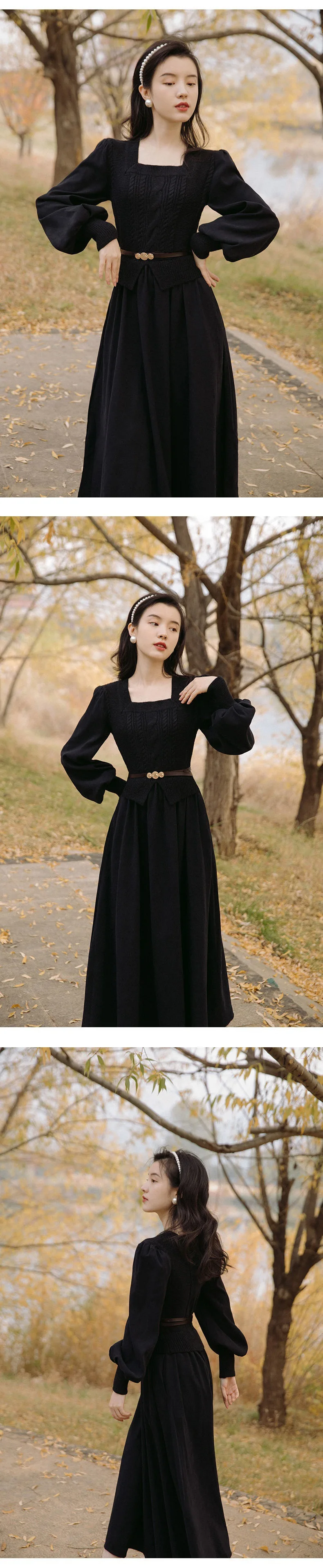 Women's Vintage Elegant Evening Party Midi Dress Puff Sleeve France Retro Dress Solid Warm Korean Dresses Autumn Winter Vestidos