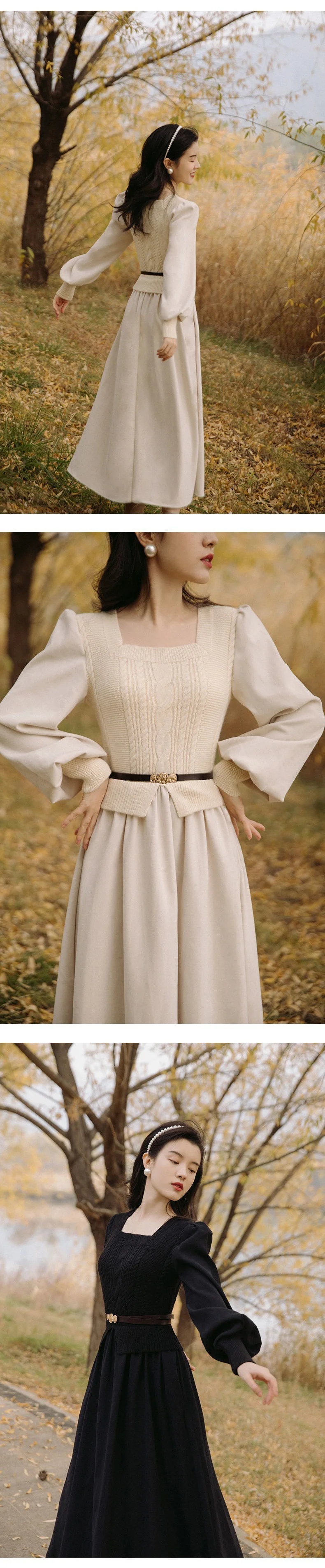 Women's Vintage Elegant Evening Party Midi Dress Puff Sleeve France Retro Dress Solid Warm Korean Dresses Autumn Winter Vestidos