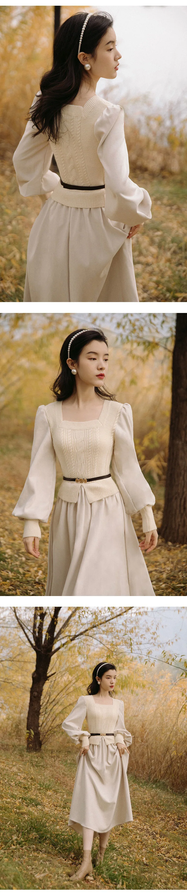 Women's Vintage Elegant Evening Party Midi Dress Puff Sleeve France Retro Dress Solid Warm Korean Dresses Autumn Winter Vestidos