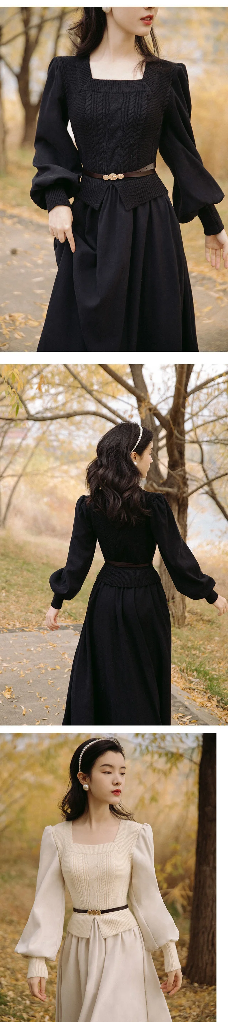 Women's Vintage Elegant Evening Party Midi Dress Puff Sleeve France Retro Dress Solid Warm Korean Dresses Autumn Winter Vestidos