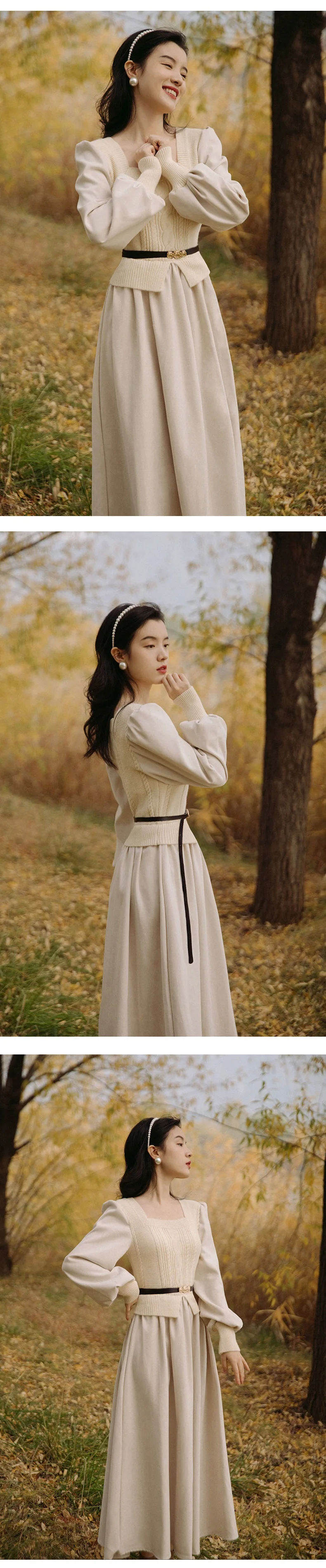 Women's Vintage Elegant Evening Party Midi Dress Puff Sleeve France Retro Dress Solid Warm Korean Dresses Autumn Winter Vestidos