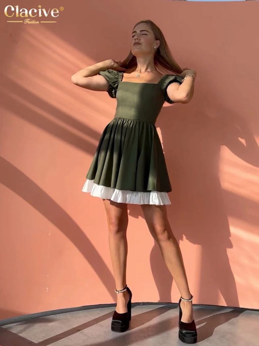 Clacive Sexy Squar Collar Elegant Dresses For Women Summer Green Short Sleeve Office Mini Dress Fashion Spliced Female Dress