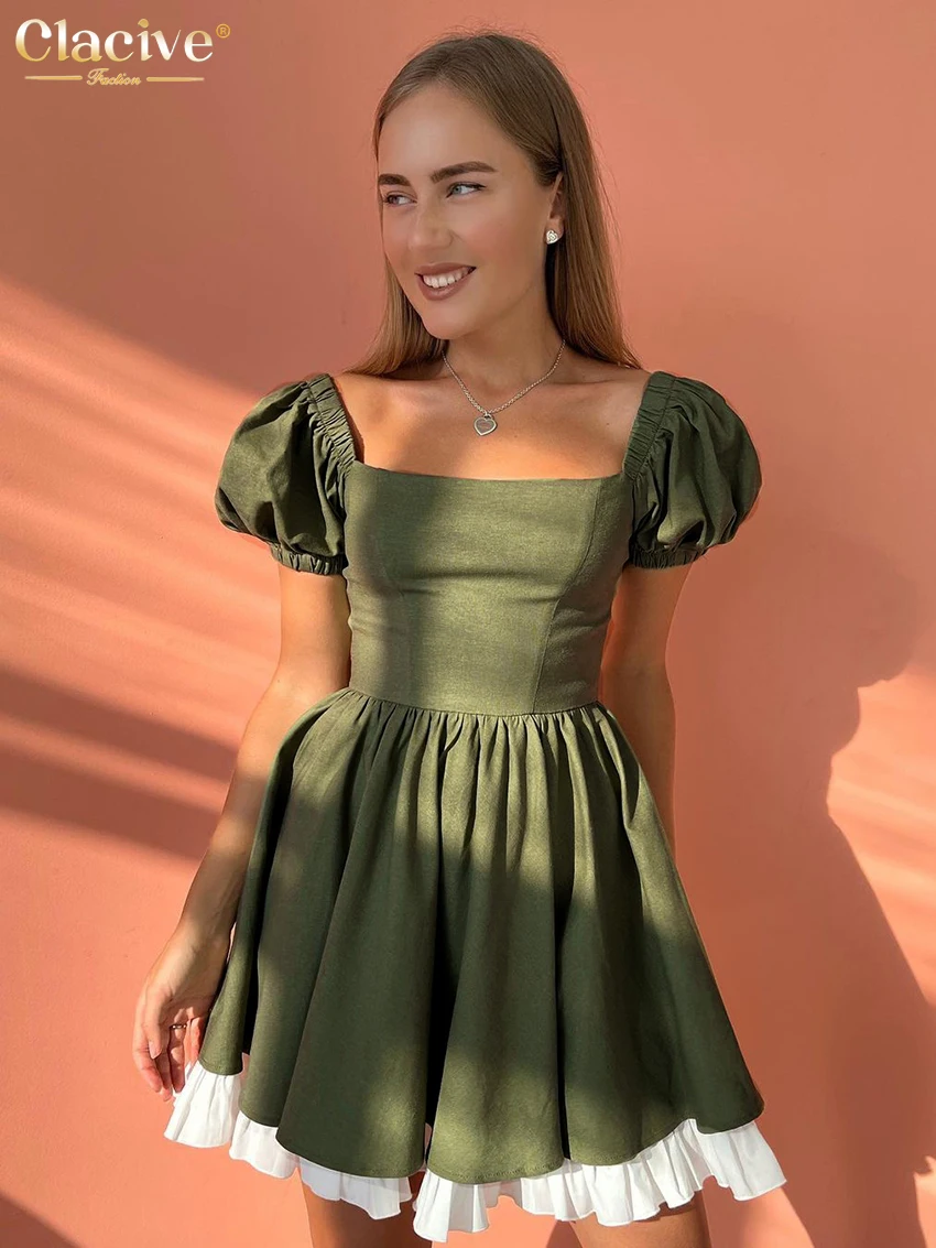 Clacive Sexy Squar Collar Elegant Dresses For Women Summer Green Short Sleeve Office Mini Dress Fashion Spliced Female Dress