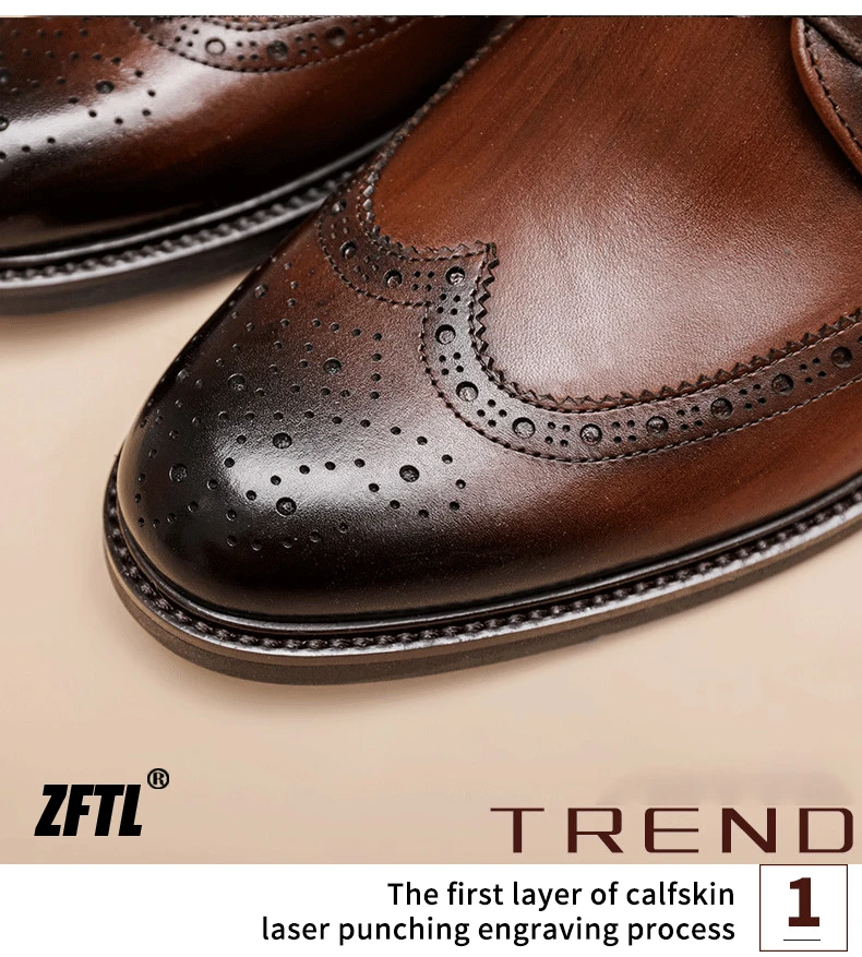 ZFTL Men's Dress Shoes Brogue Engraved Business Formal Wedding Shoes Man Oxford shoes Bullock Men's New Spring first lay leather