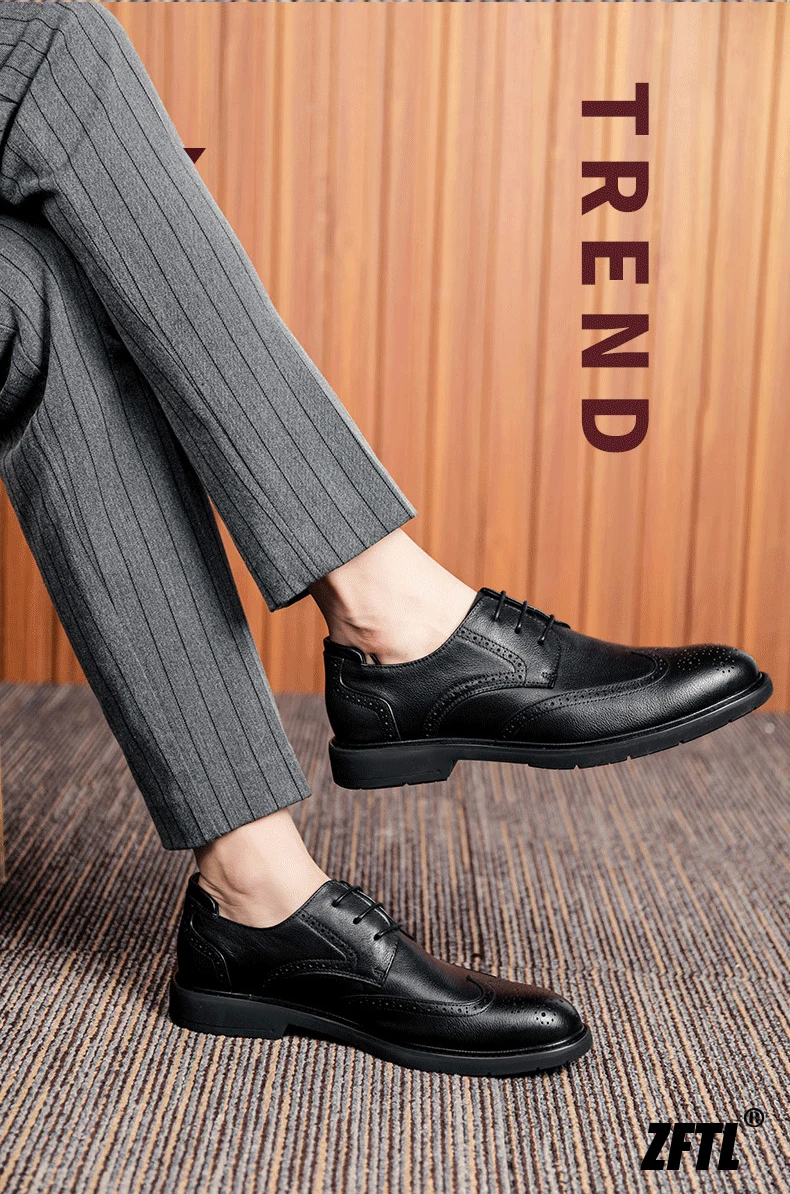 ZFTL Men's Dress Shoes Brogue Engraved Business Formal Wedding Shoes Man Oxford shoes Bullock Men's New Spring first lay leather