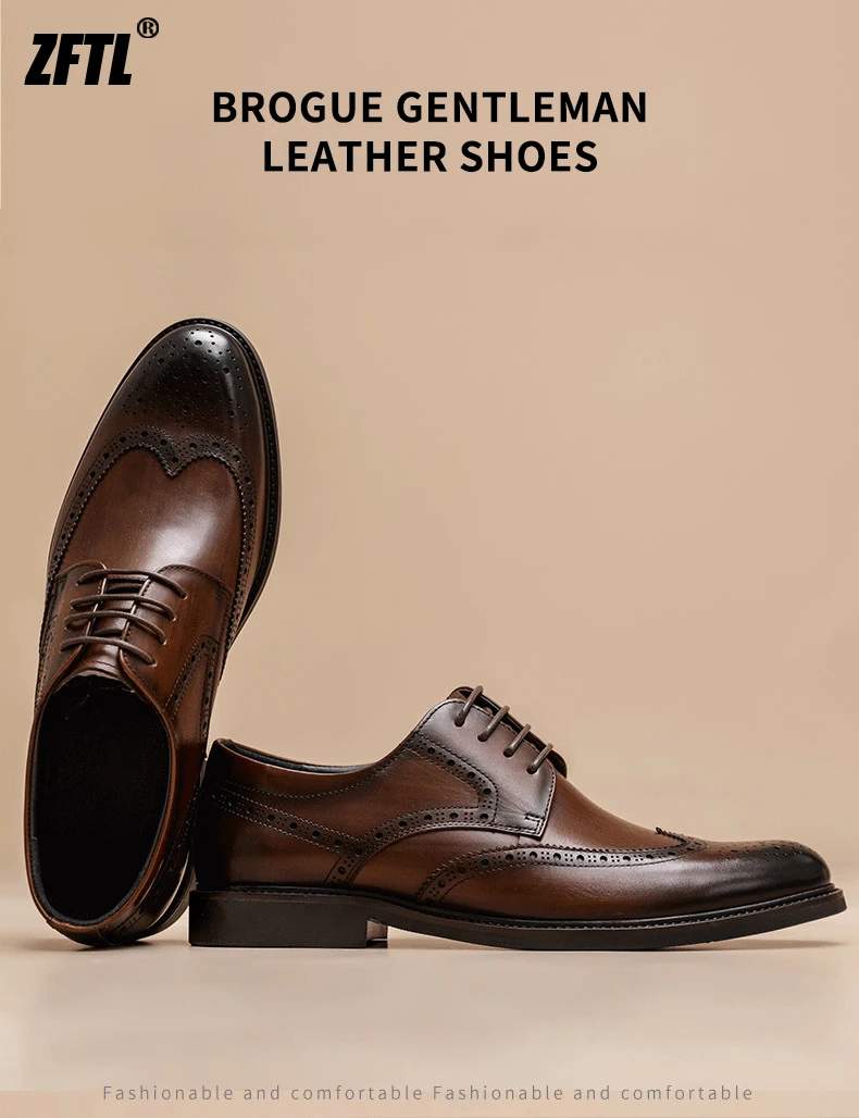 ZFTL Men's Dress Shoes Brogue Engraved Business Formal Wedding Shoes Man Oxford shoes Bullock Men's New Spring first lay leather