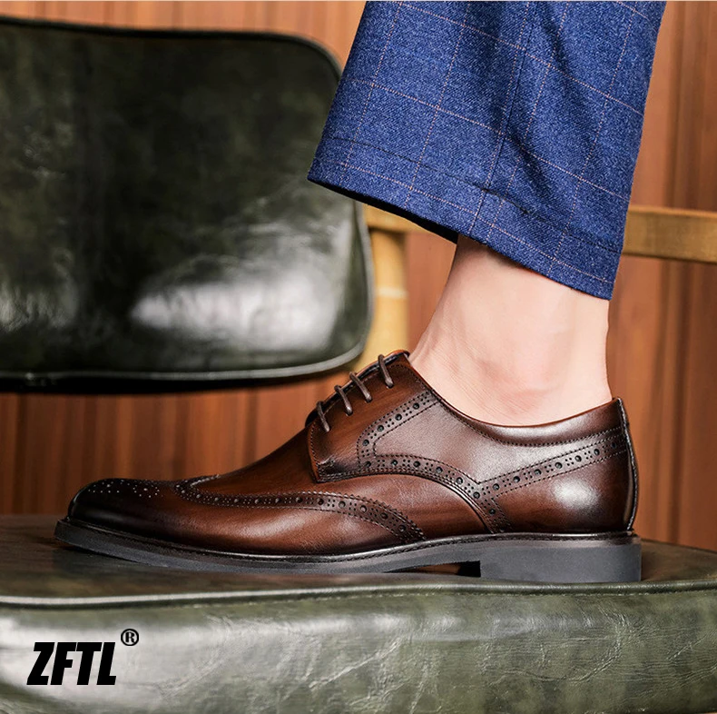 ZFTL Men's Dress Shoes Brogue Engraved Business Formal Wedding Shoes Man Oxford shoes Bullock Men's New Spring first lay leather