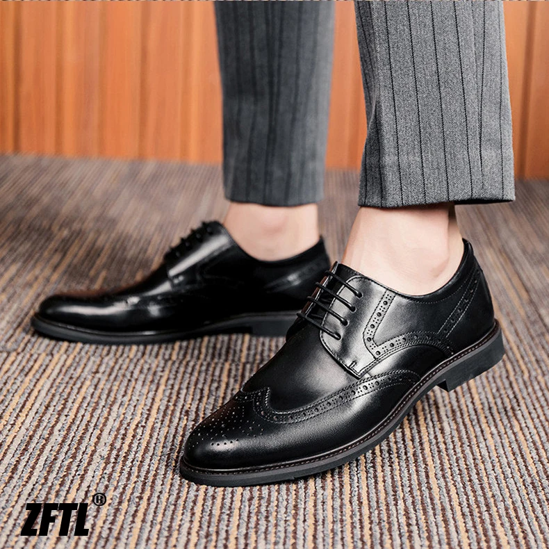 ZFTL Men's Dress Shoes Brogue Engraved Business Formal Wedding Shoes Man Oxford shoes Bullock Men's New Spring first lay leather