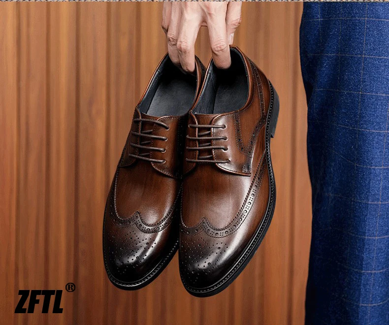 ZFTL Men's Dress Shoes Brogue Engraved Business Formal Wedding Shoes Man Oxford shoes Bullock Men's New Spring first lay leather
