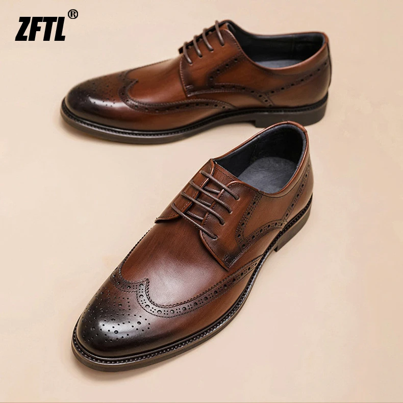 ZFTL Men's Dress Shoes Brogue Engraved Business Formal Wedding Shoes Man Oxford shoes Bullock Men's New Spring first lay leather