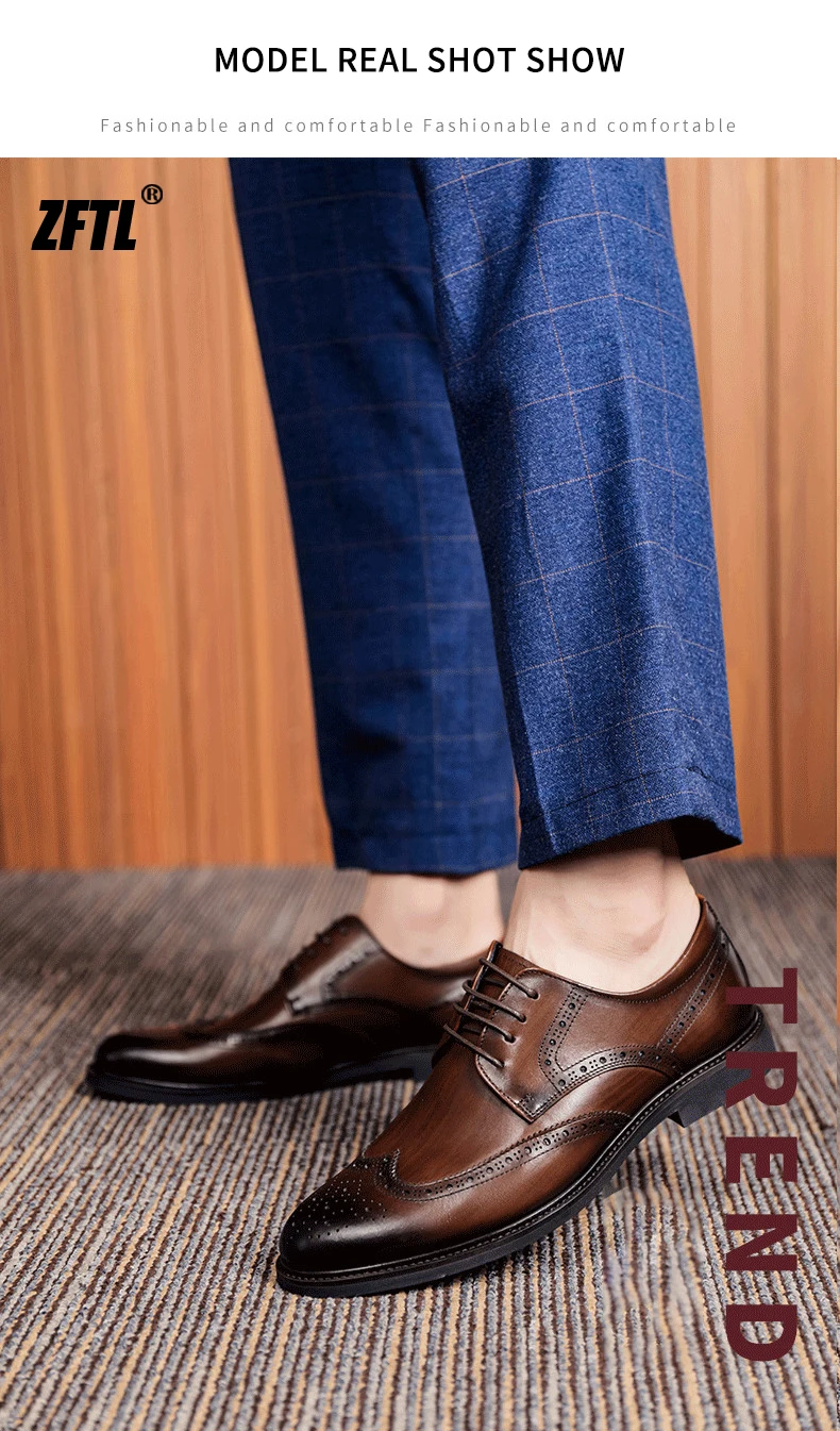 ZFTL Men's Dress Shoes Brogue Engraved Business Formal Wedding Shoes Man Oxford shoes Bullock Men's New Spring first lay leather