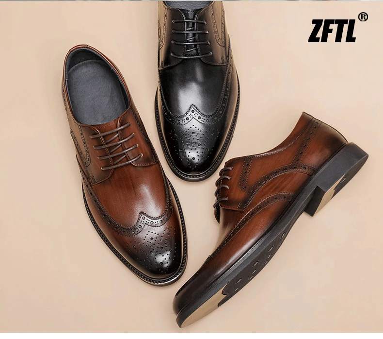 ZFTL Men's Dress Shoes Brogue Engraved Business Formal Wedding Shoes Man Oxford shoes Bullock Men's New Spring first lay leather