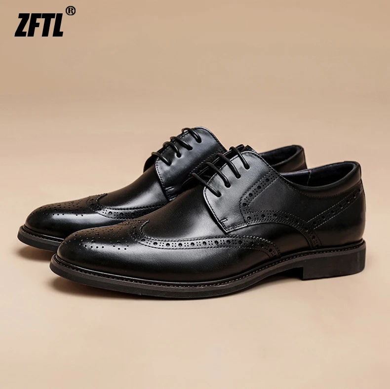 ZFTL Men's Dress Shoes Brogue Engraved Business Formal Wedding Shoes Man Oxford shoes Bullock Men's New Spring first lay leather