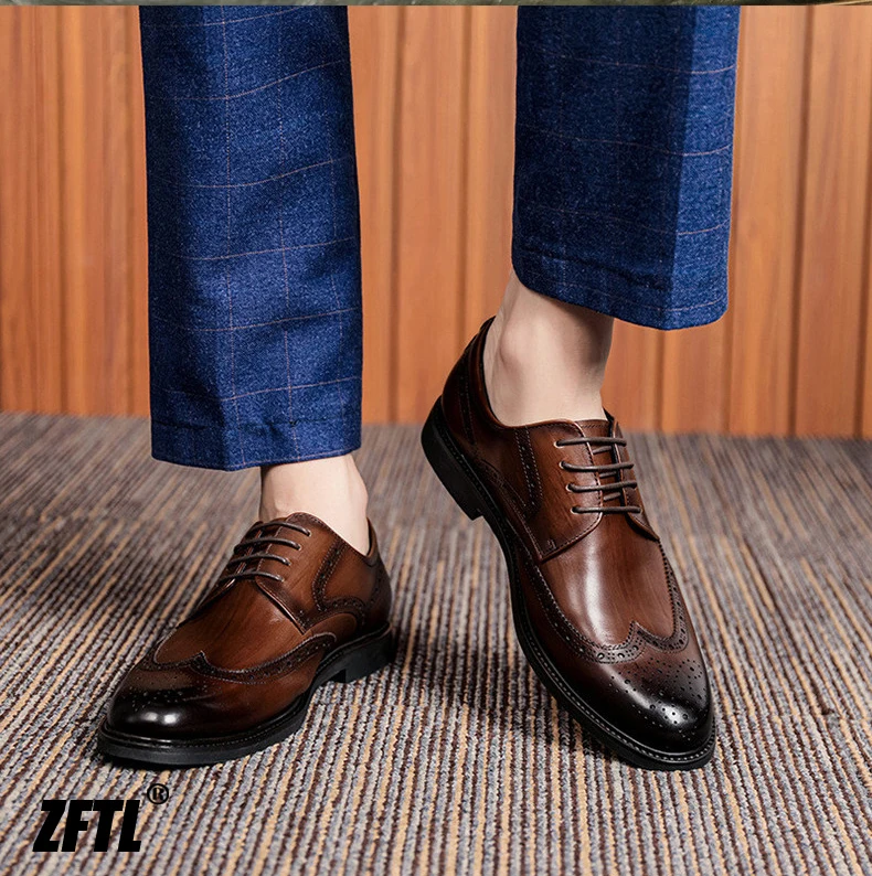 ZFTL Men's Dress Shoes Brogue Engraved Business Formal Wedding Shoes Man Oxford shoes Bullock Men's New Spring first lay leather