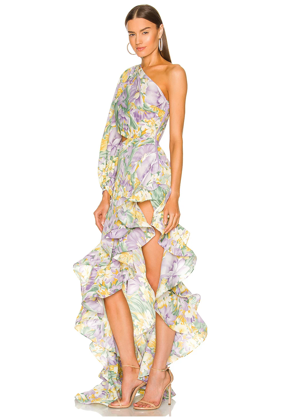 New Summer Women's Fashion Slanted Shoulder Floral Elegant Dress Slim Asymmetric Ruffle Party Long Sleeves Dress