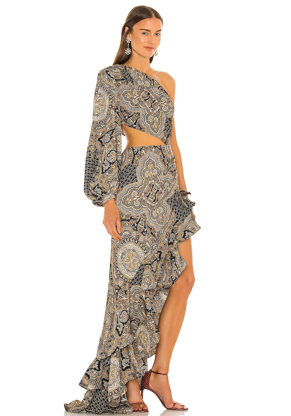 New Summer Women's Fashion Slanted Shoulder Floral Elegant Dress Slim Asymmetric Ruffle Party Long Sleeves Dress
