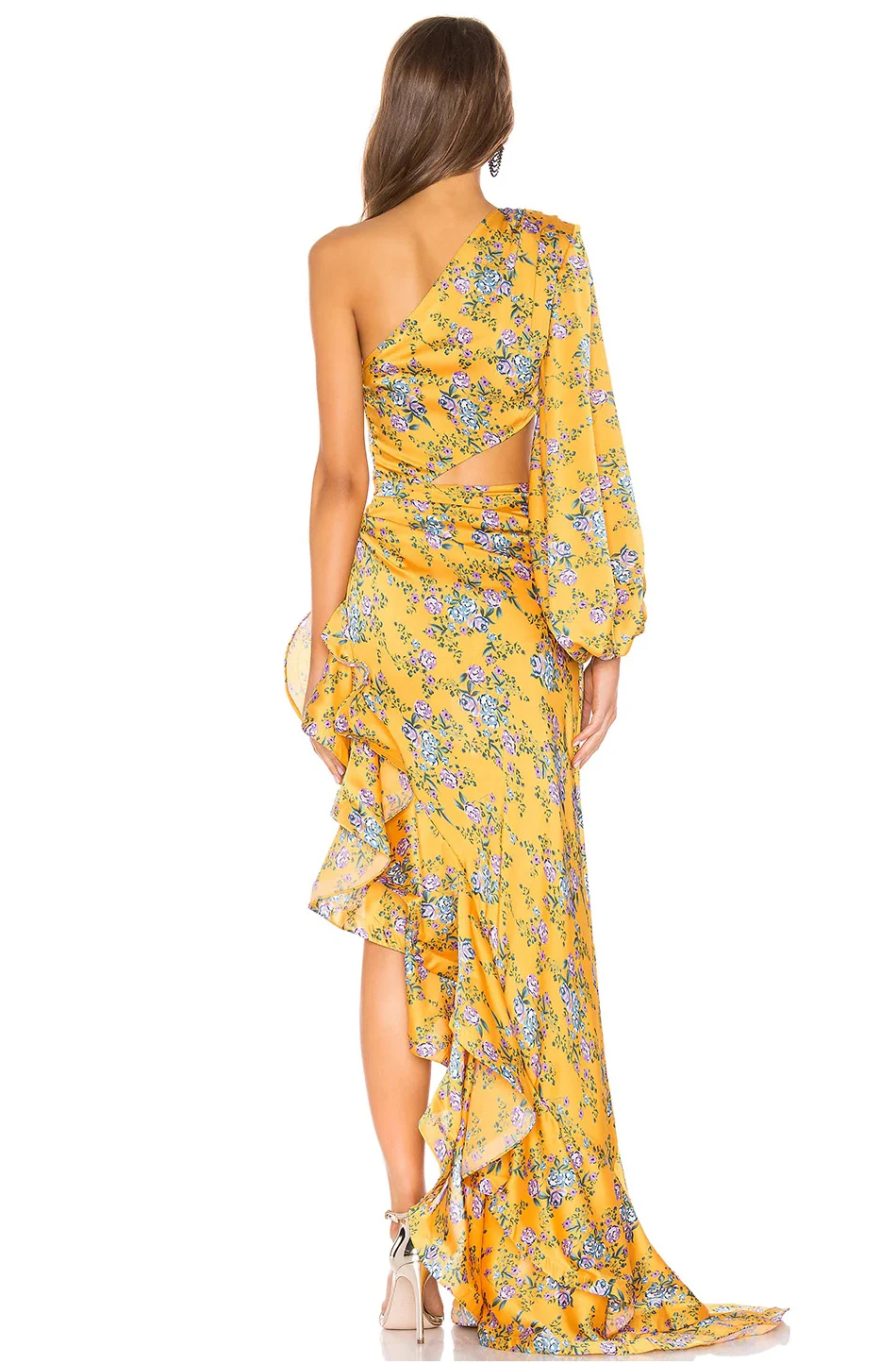 New Summer Women's Fashion Slanted Shoulder Floral Elegant Dress Slim Asymmetric Ruffle Party Long Sleeves Dress