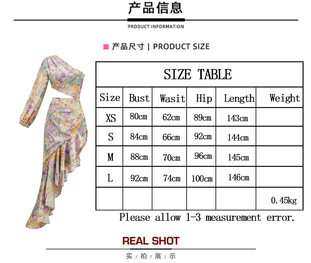 New Summer Women's Fashion Slanted Shoulder Floral Elegant Dress Slim Asymmetric Ruffle Party Long Sleeves Dress