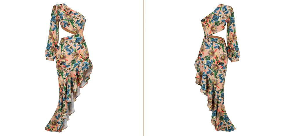 New Summer Women's Fashion Slanted Shoulder Floral Elegant Dress Slim Asymmetric Ruffle Party Long Sleeves Dress