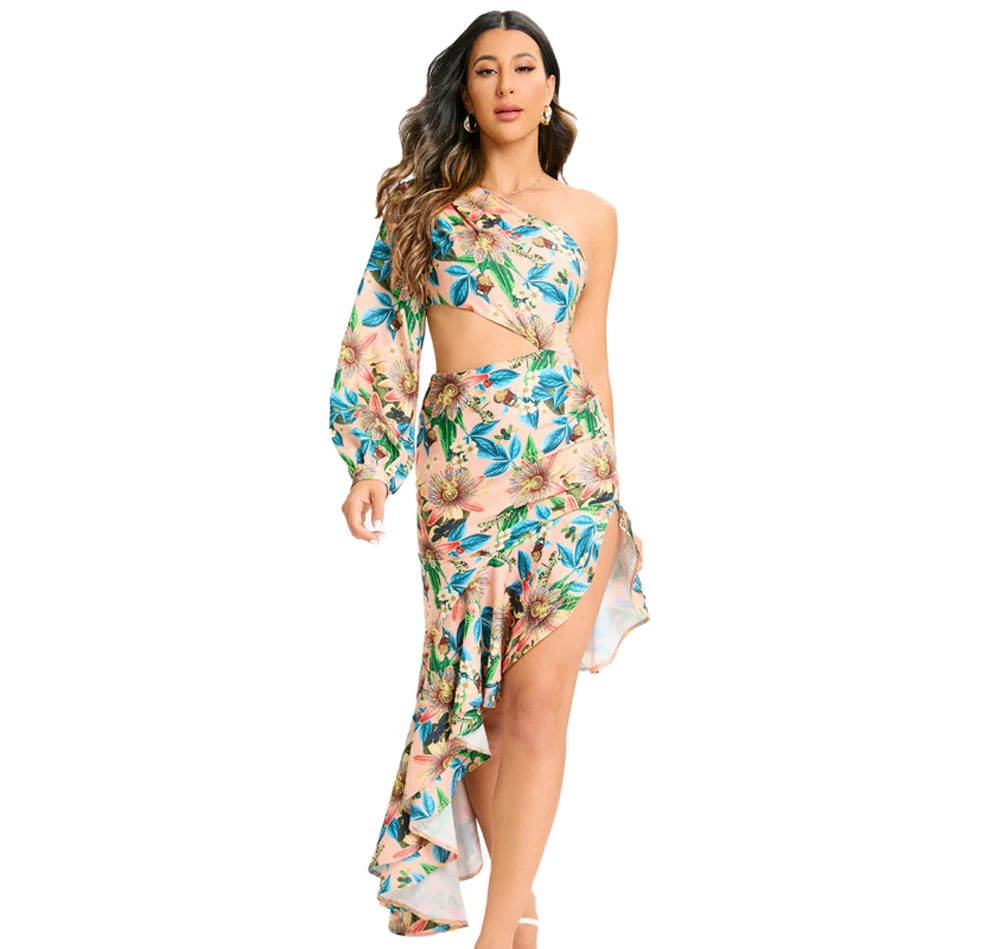 New Summer Women's Fashion Slanted Shoulder Floral Elegant Dress Slim Asymmetric Ruffle Party Long Sleeves Dress