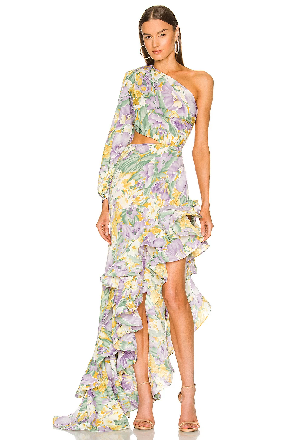 New Summer Women's Fashion Slanted Shoulder Floral Elegant Dress Slim Asymmetric Ruffle Party Long Sleeves Dress