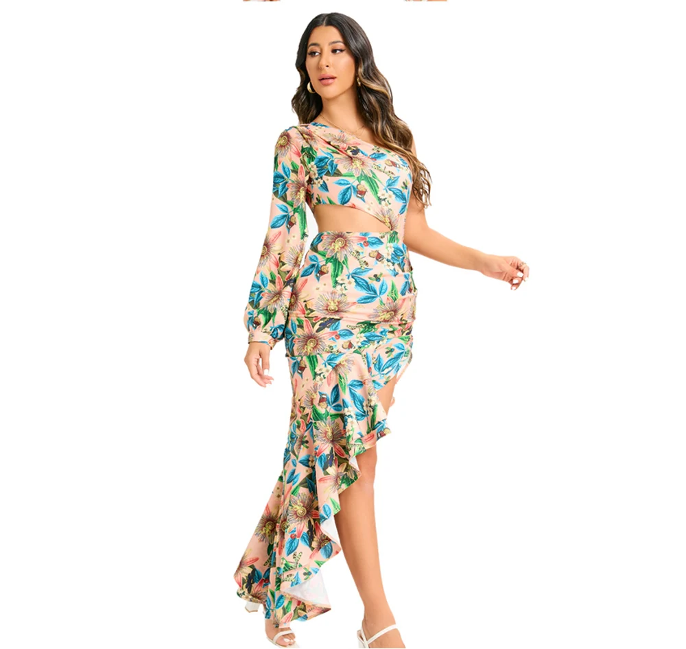 New Summer Women's Fashion Slanted Shoulder Floral Elegant Dress Slim Asymmetric Ruffle Party Long Sleeves Dress