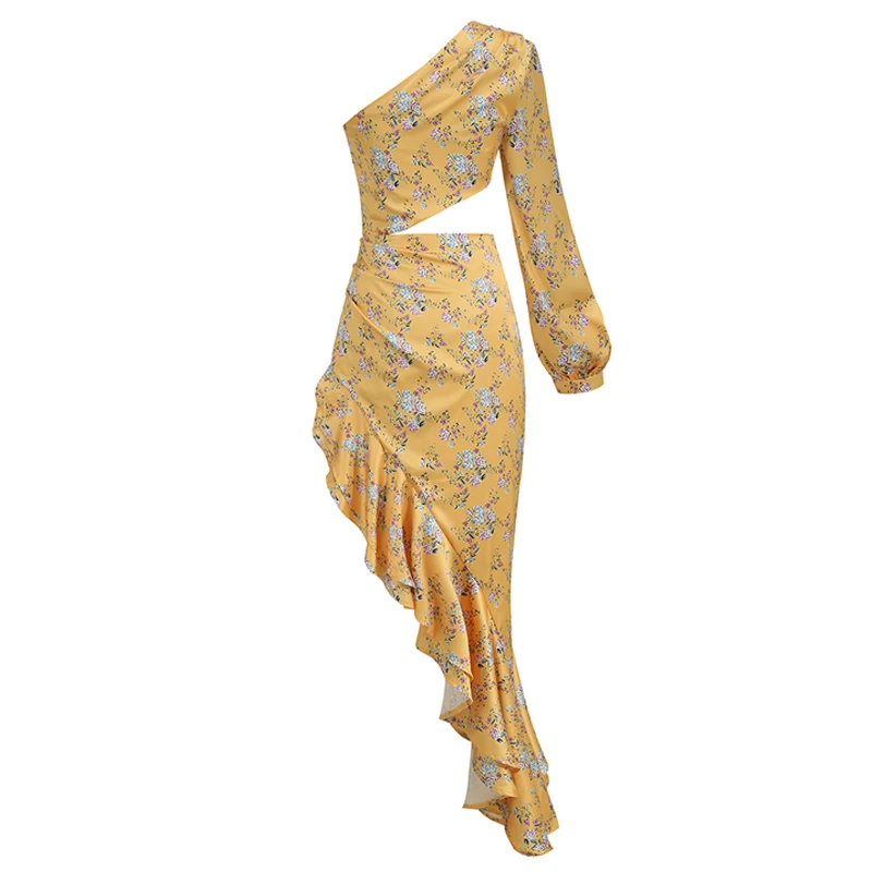 New Summer Women's Fashion Slanted Shoulder Floral Elegant Dress Slim Asymmetric Ruffle Party Long Sleeves Dress