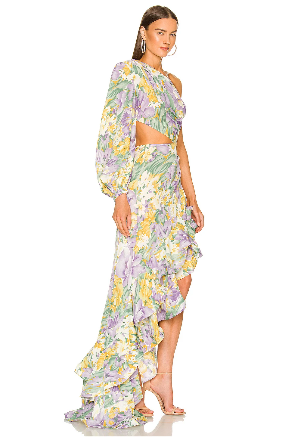 New Summer Women's Fashion Slanted Shoulder Floral Elegant Dress Slim Asymmetric Ruffle Party Long Sleeves Dress