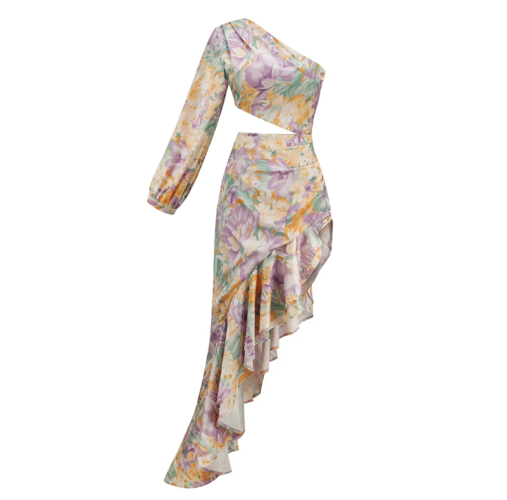 New Summer Women's Fashion Slanted Shoulder Floral Elegant Dress Slim Asymmetric Ruffle Party Long Sleeves Dress