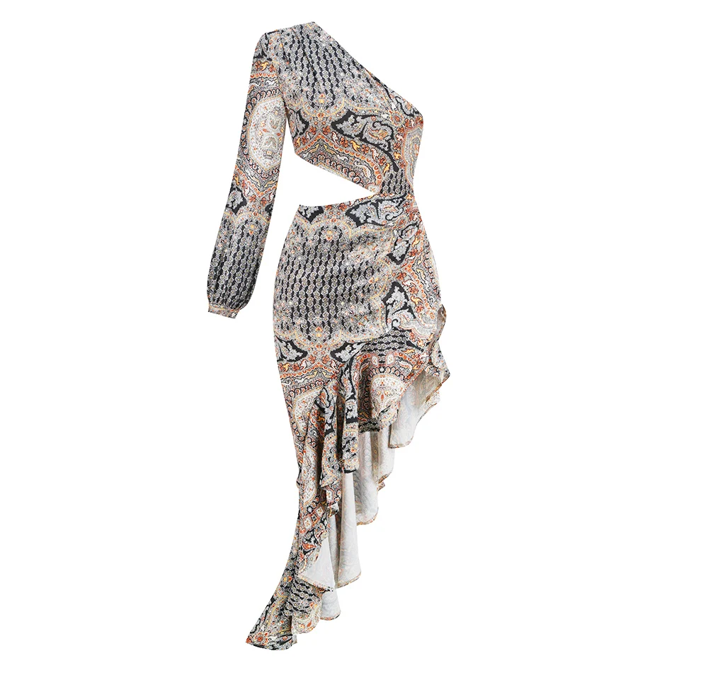 New Summer Women's Fashion Slanted Shoulder Floral Elegant Dress Slim Asymmetric Ruffle Party Long Sleeves Dress