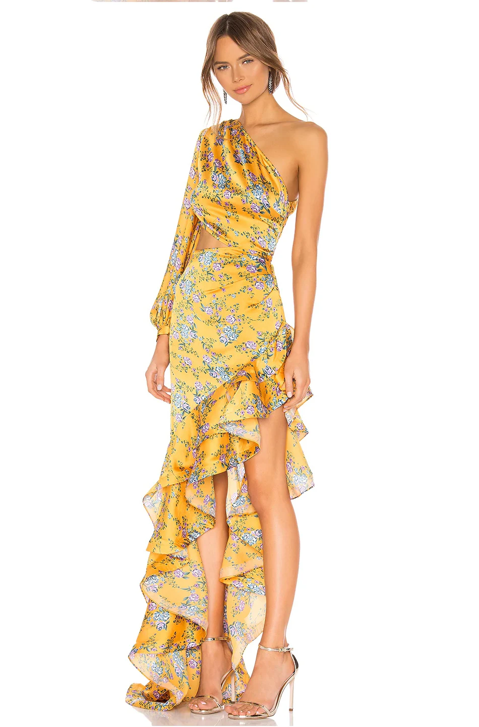 New Summer Women's Fashion Slanted Shoulder Floral Elegant Dress Slim Asymmetric Ruffle Party Long Sleeves Dress