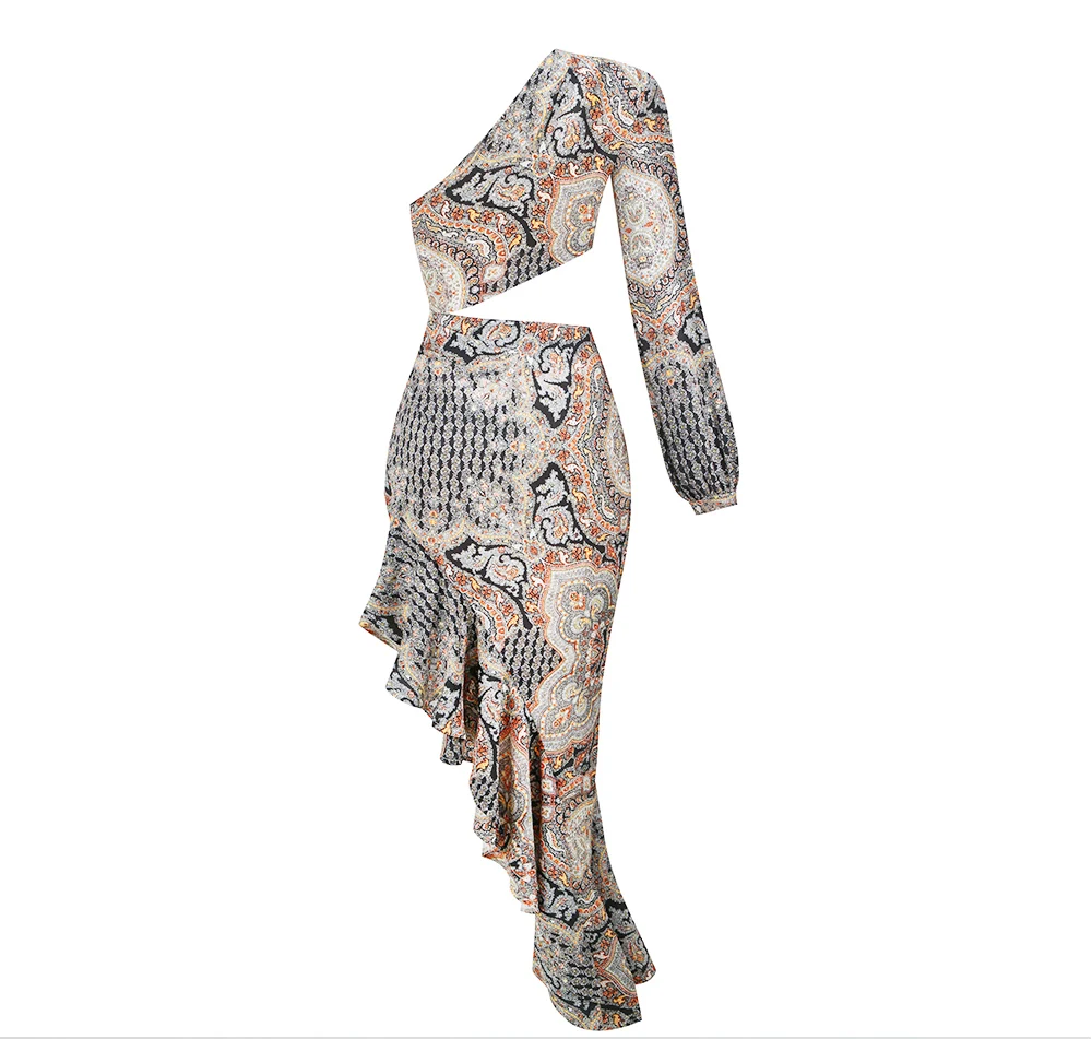 New Summer Women's Fashion Slanted Shoulder Floral Elegant Dress Slim Asymmetric Ruffle Party Long Sleeves Dress