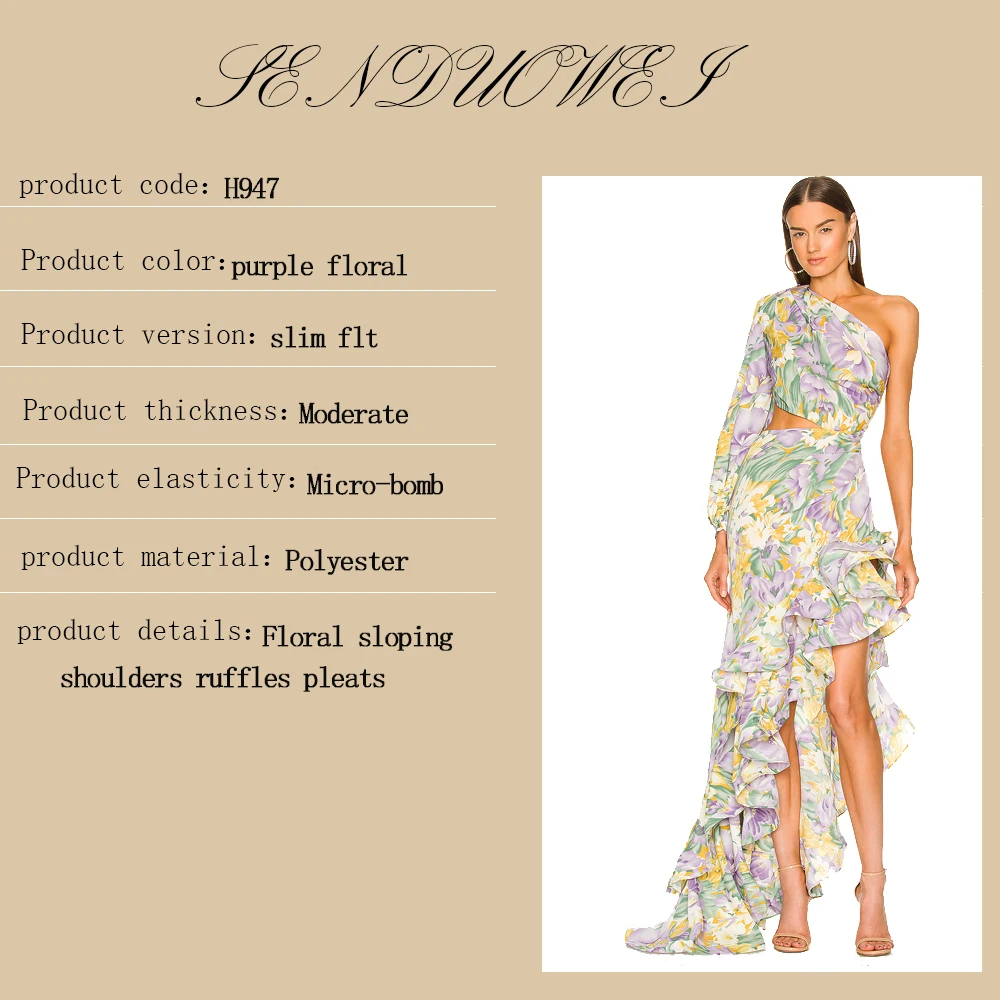 New Summer Women's Fashion Slanted Shoulder Floral Elegant Dress Slim Asymmetric Ruffle Party Long Sleeves Dress