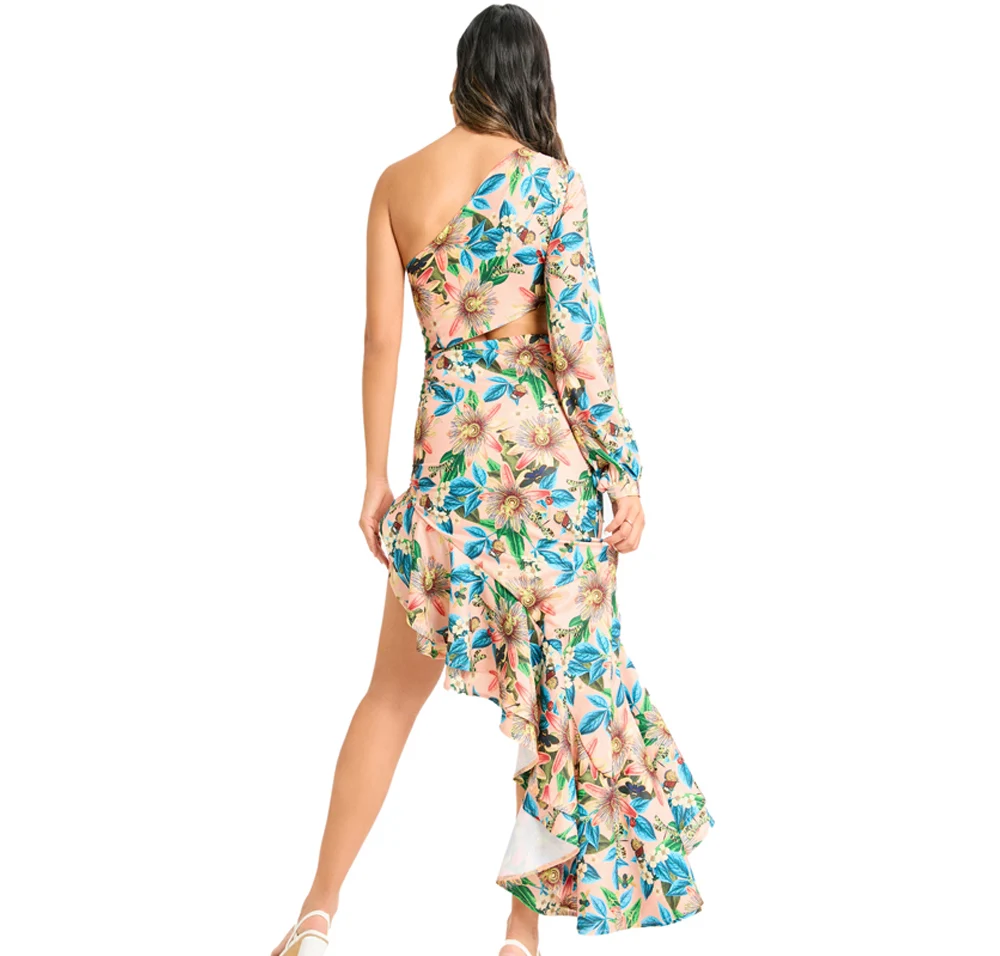 New Summer Women's Fashion Slanted Shoulder Floral Elegant Dress Slim Asymmetric Ruffle Party Long Sleeves Dress