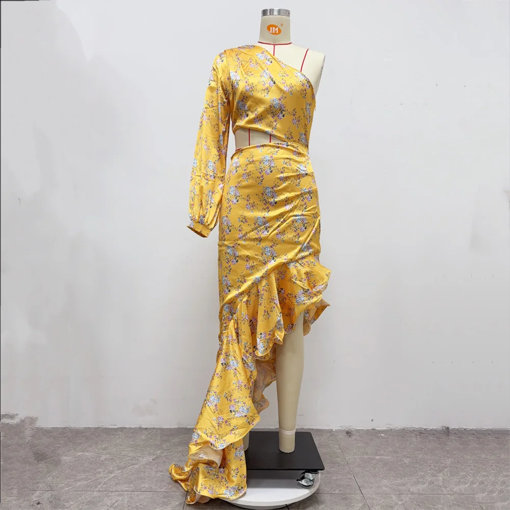New Summer Women's Fashion Slanted Shoulder Floral Elegant Dress Slim Asymmetric Ruffle Party Long Sleeves Dress