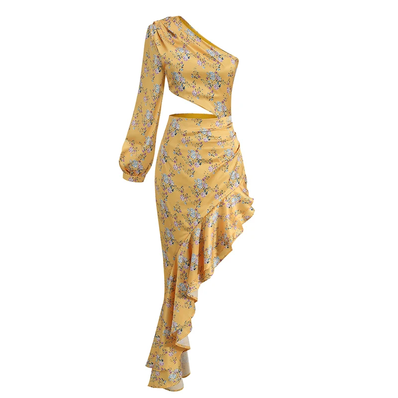 New Summer Women's Fashion Slanted Shoulder Floral Elegant Dress Slim Asymmetric Ruffle Party Long Sleeves Dress