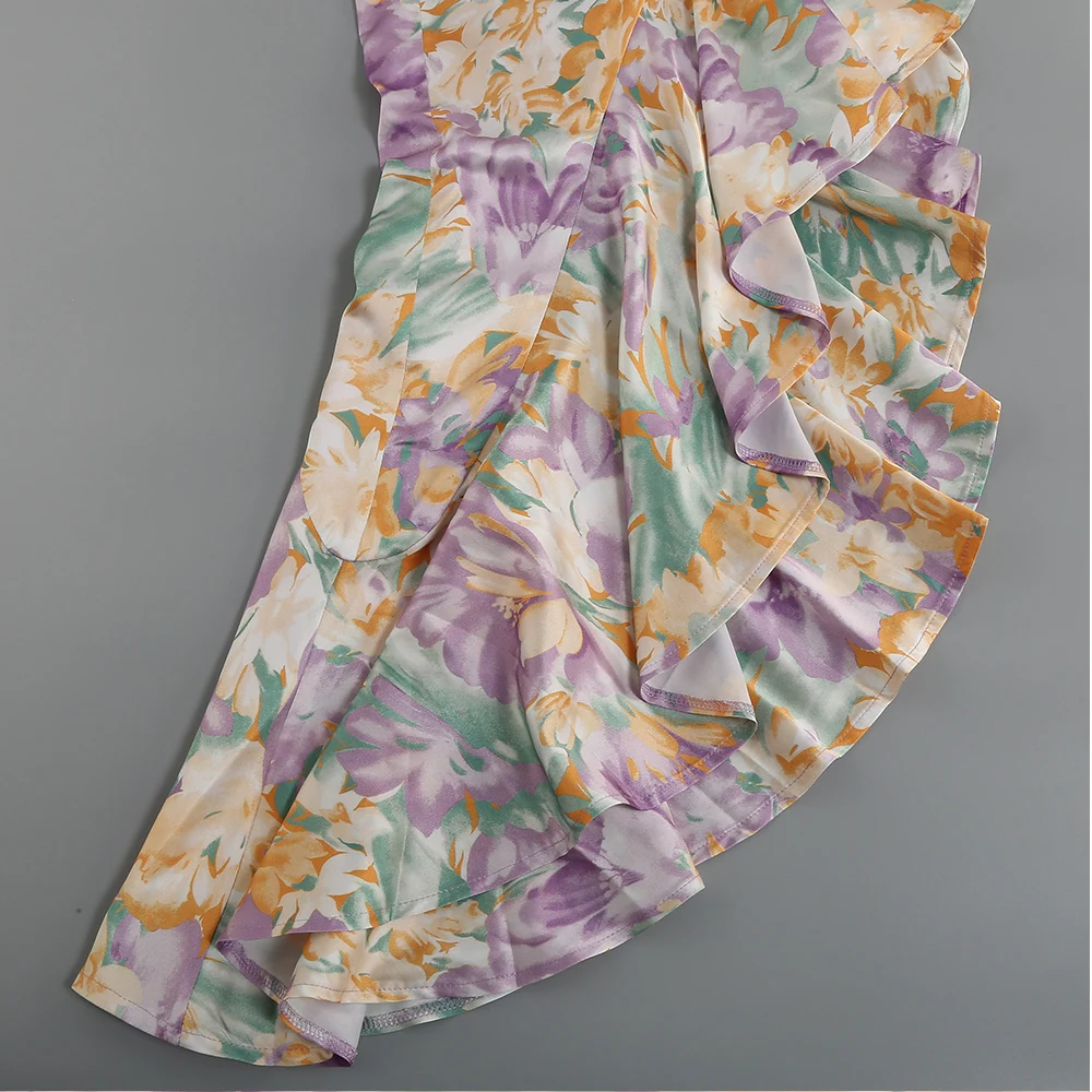 New Summer Women's Fashion Slanted Shoulder Floral Elegant Dress Slim Asymmetric Ruffle Party Long Sleeves Dress