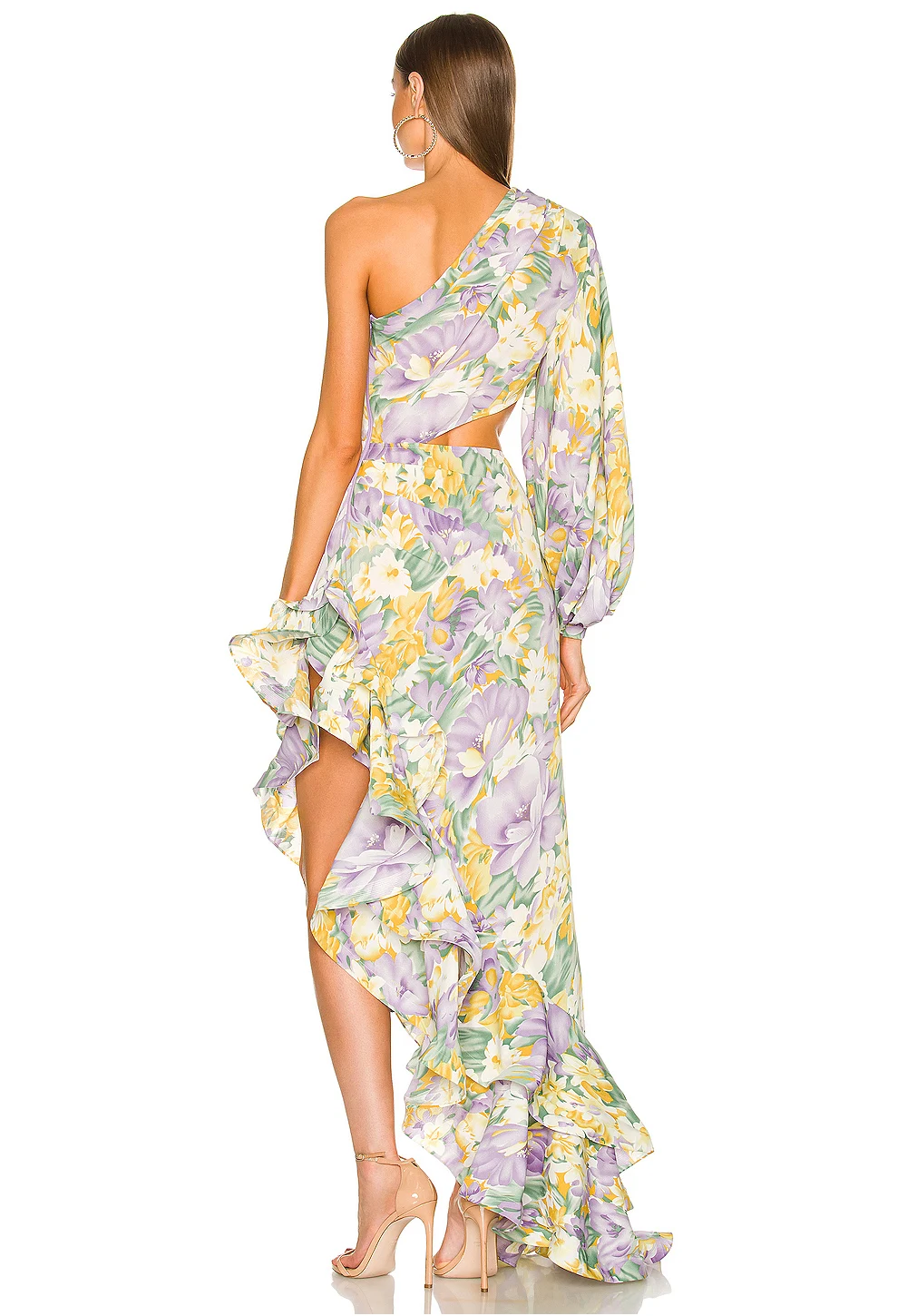 New Summer Women's Fashion Slanted Shoulder Floral Elegant Dress Slim Asymmetric Ruffle Party Long Sleeves Dress