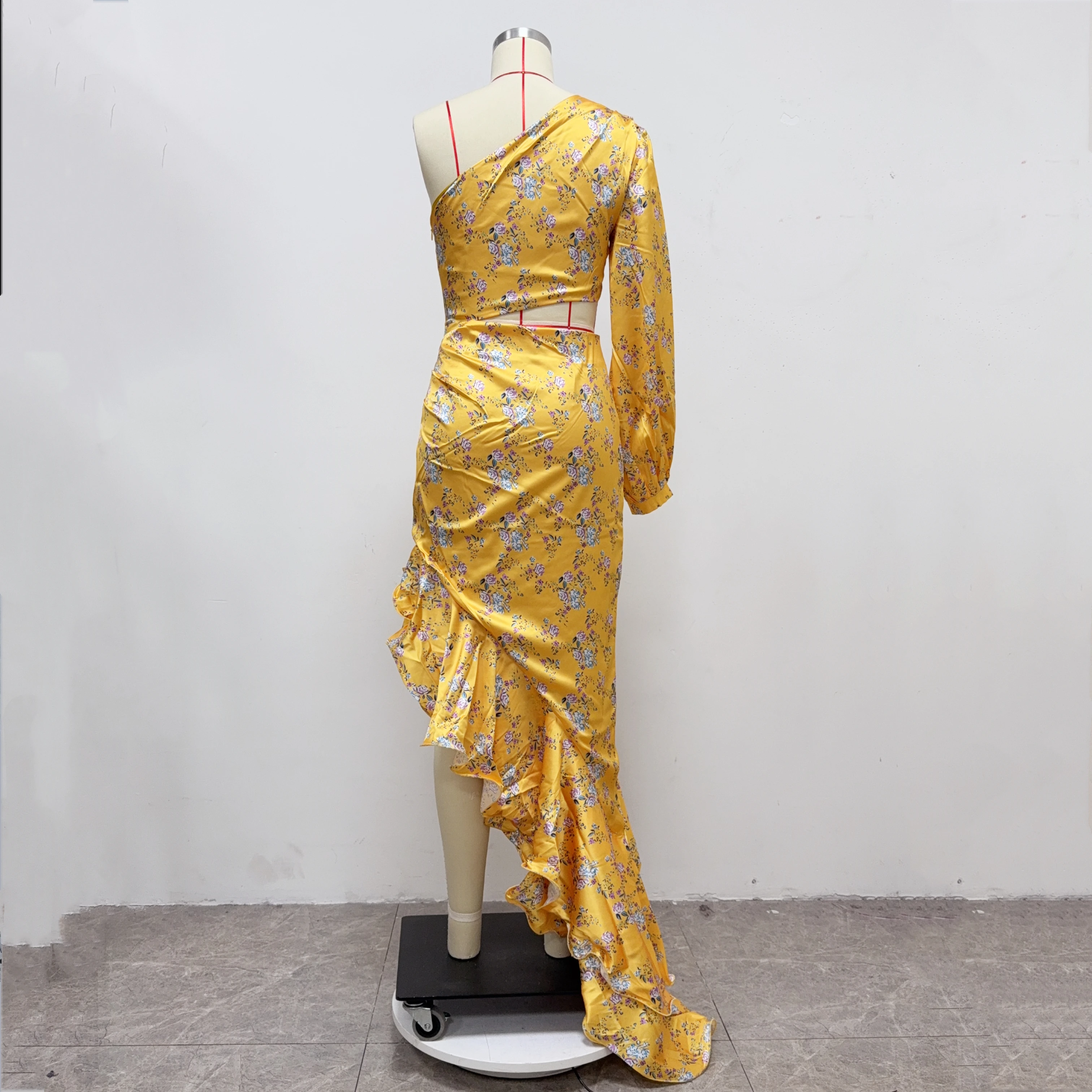 New Summer Women's Fashion Slanted Shoulder Floral Elegant Dress Slim Asymmetric Ruffle Party Long Sleeves Dress