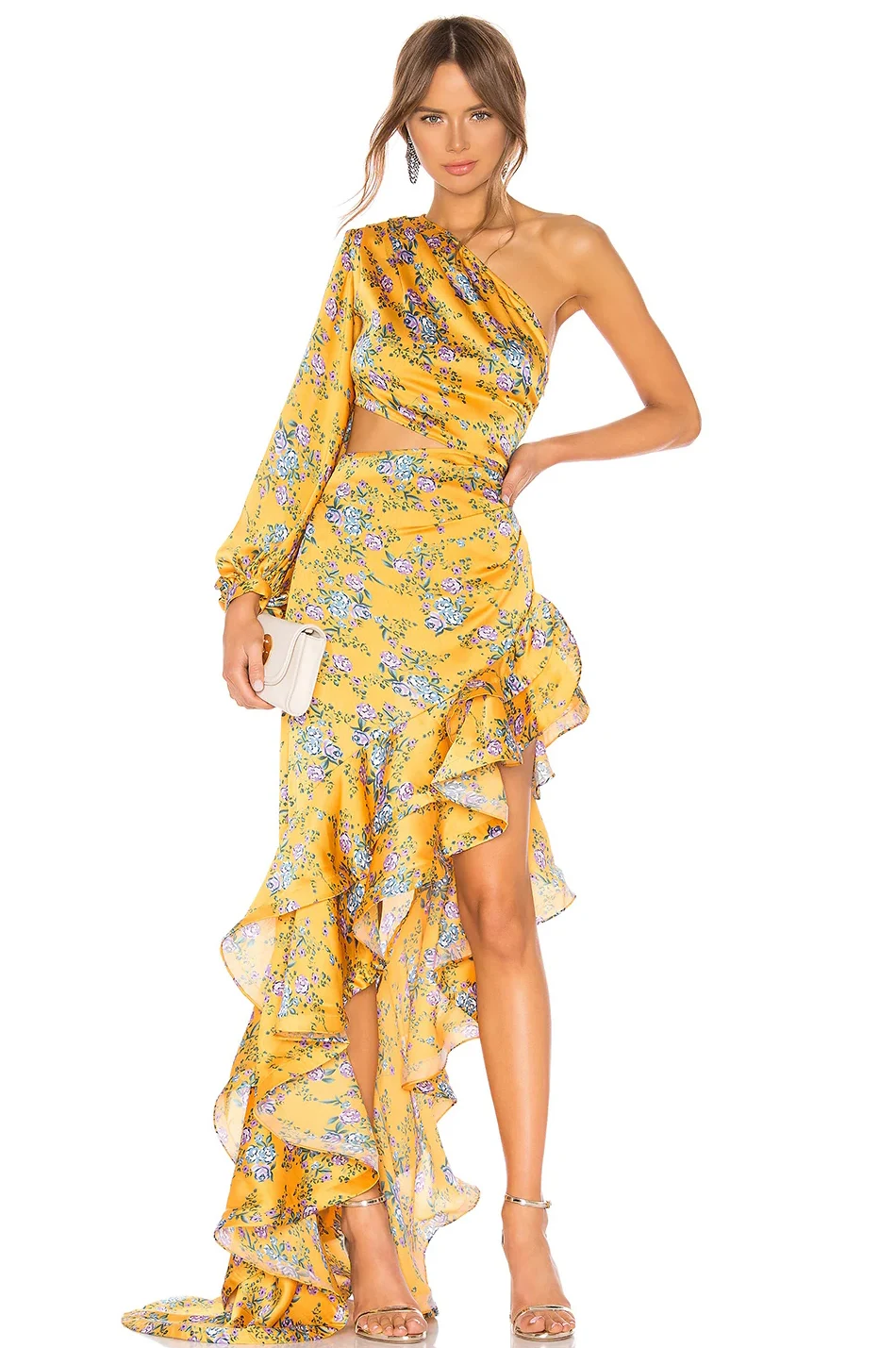 New Summer Women's Fashion Slanted Shoulder Floral Elegant Dress Slim Asymmetric Ruffle Party Long Sleeves Dress