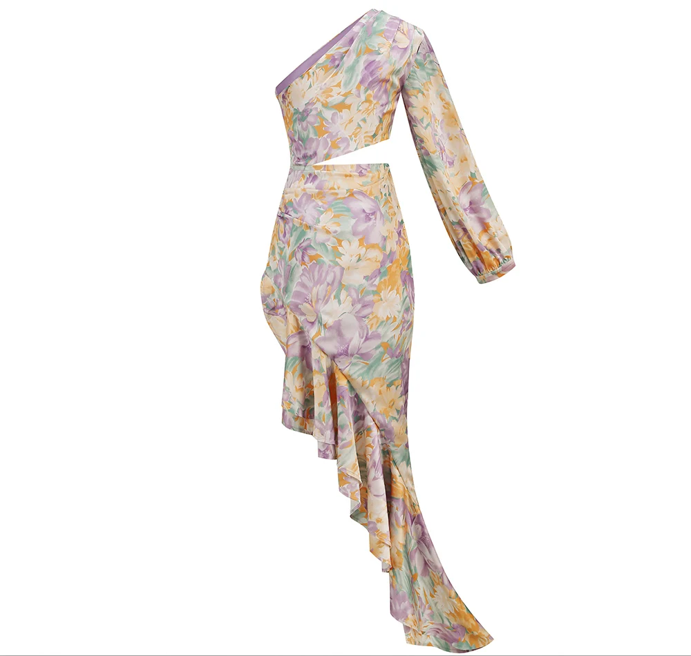 New Summer Women's Fashion Slanted Shoulder Floral Elegant Dress Slim Asymmetric Ruffle Party Long Sleeves Dress