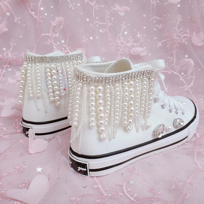 Women New Heavy Duty Beads High Canvas Fashion Pearl Diamond Casual shoes Size 35-44 Party Wedding Lady Shoes