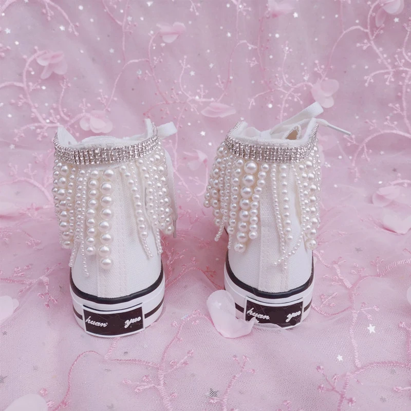 Women New Heavy Duty Beads High Canvas Fashion Pearl Diamond Casual shoes Size 35-44 Party Wedding Lady Shoes