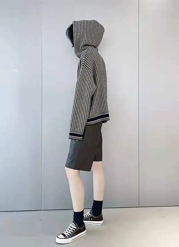Western style thousands of birds hooded wool sweater hoodie women autumn and winter new loose pullover sweater bottom shirt