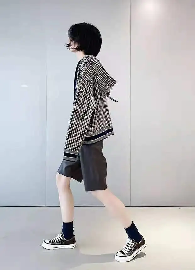 Western style thousands of birds hooded wool sweater hoodie women autumn and winter new loose pullover sweater bottom shirt