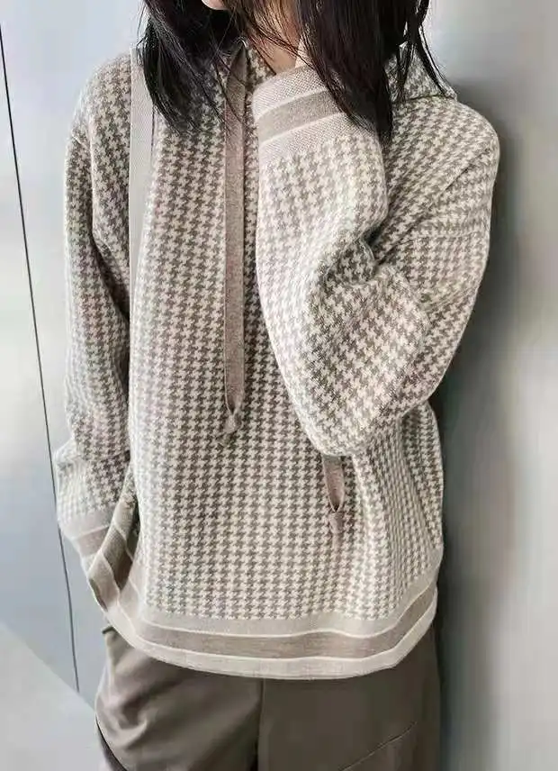 Western style thousands of birds hooded wool sweater hoodie women autumn and winter new loose pullover sweater bottom shirt
