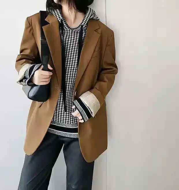 Western style thousands of birds hooded wool sweater hoodie women autumn and winter new loose pullover sweater bottom shirt