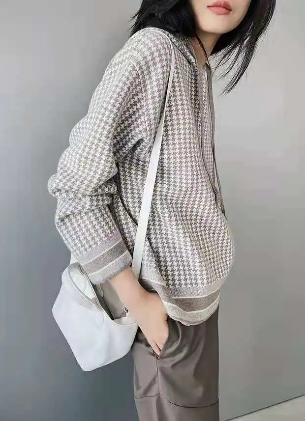 Western style thousands of birds hooded wool sweater hoodie women autumn and winter new loose pullover sweater bottom shirt