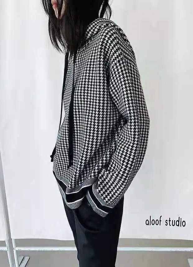 Western style thousands of birds hooded wool sweater hoodie women autumn and winter new loose pullover sweater bottom shirt